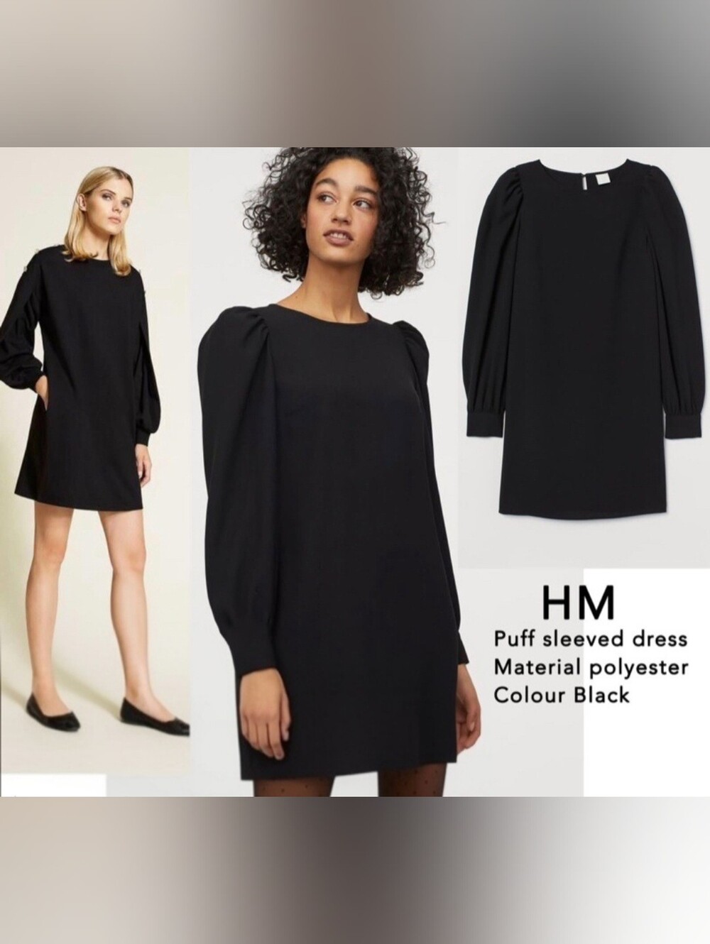 H&M Black Puff Sleeve Shift Mini Dress Size XS